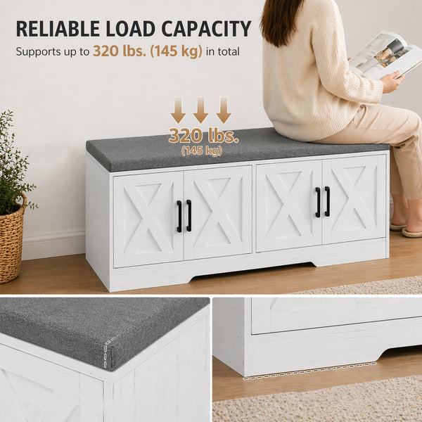 Shoe Bench with Cushion, Doors and Adjustable Shelves for Entryway, White