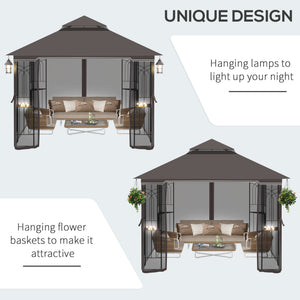 10 x 10 gazebo with double-pitched soft roof, mesh curtains, coffee color
