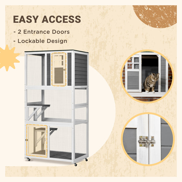 Wooden cat enclosure, weather-resistant and equipped with wheels, white