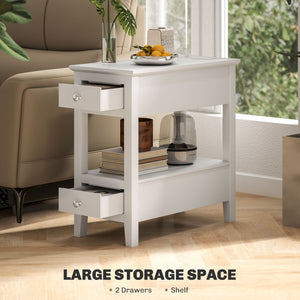 Narrow side table with charging station and USB ports, white