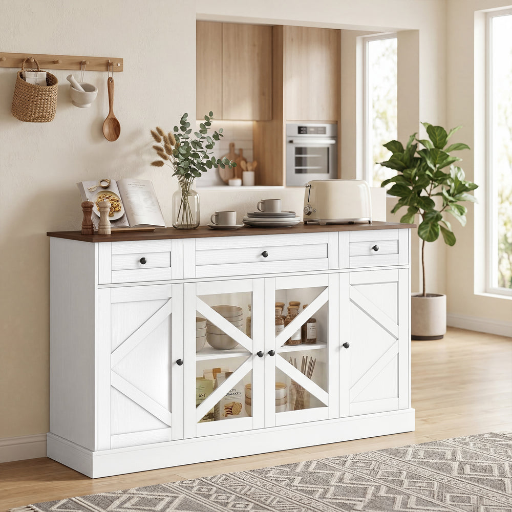 Buffet Sideboard, 54" Farmhouse Kitchen Storage Cabinet with Acrylic Barn Doors and 3 Drawers, White Wood Grain