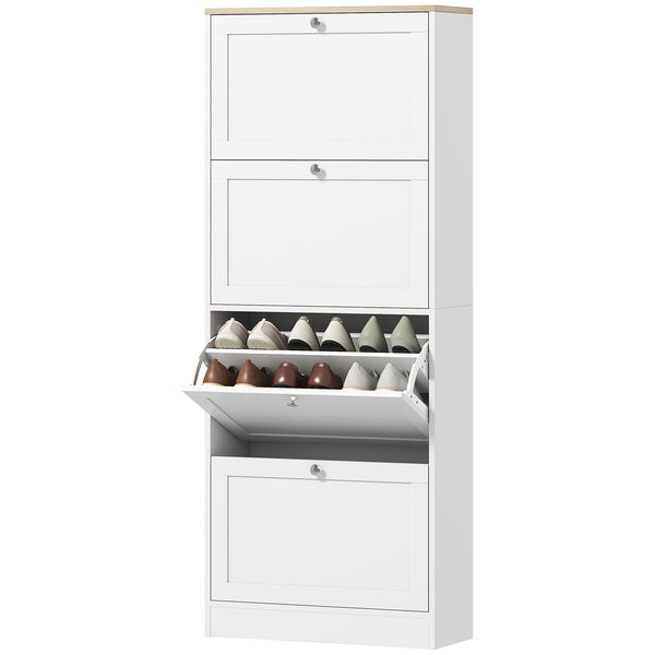 Modern shoe cabinet with 4 hinged drawers and adjustable shelves, for 18 to 24 pairs of shoes, white