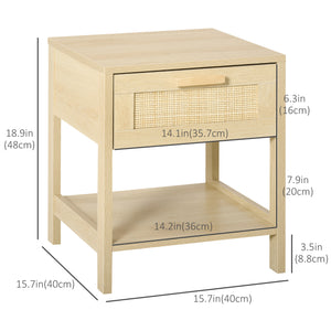 Narrow bedside table with rattan elements