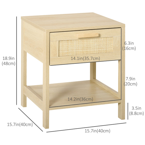 Narrow bedside table with rattan elements