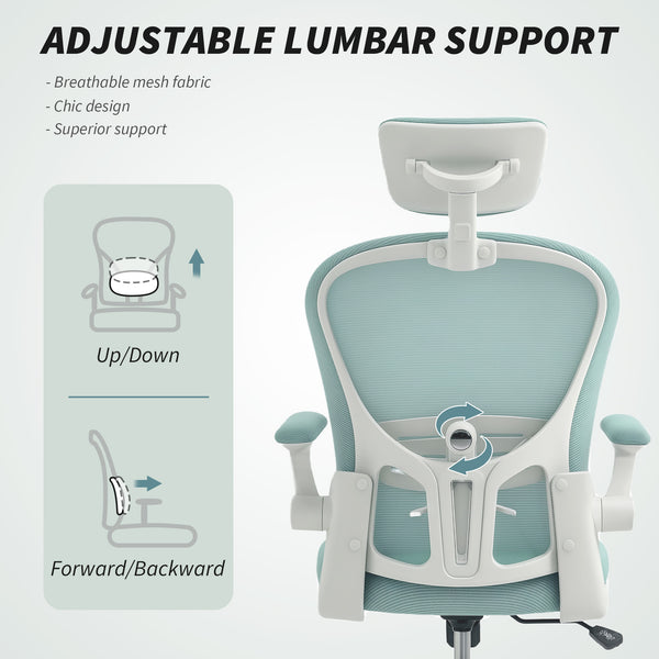 Mesh Office Chair with Adjustable Headrest, 4D Lumbar Support, Flip-up Armrests, Light Green