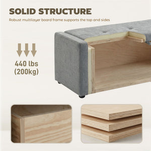 Storage ottoman bench, linen-look fabric upholstery, wide padded seat, light grey
