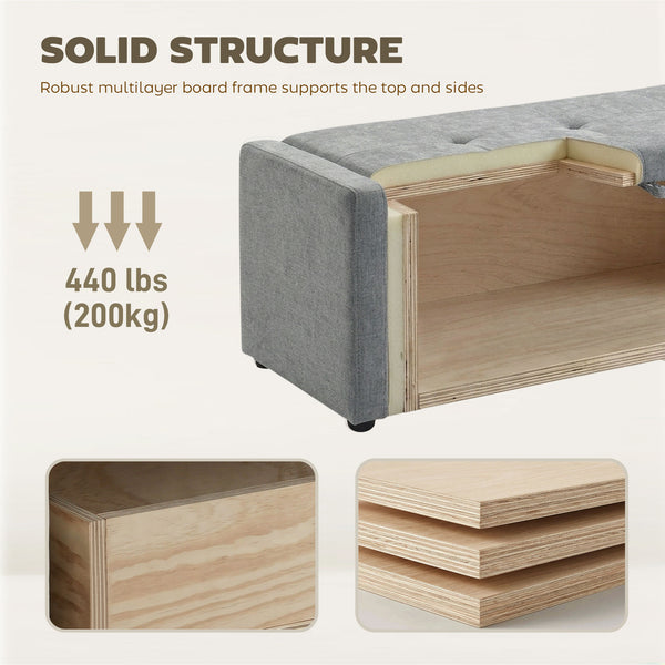 Storage ottoman bench, linen-look fabric upholstery, wide padded seat, light grey