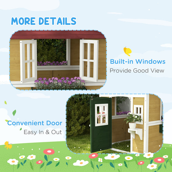 Outdoor wooden playhouse with door, windows, flower pots and boxes