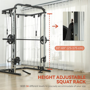 3-in-1 Squat Machine with Cable Crossover System, Pull-Up Station, 16-Level Squat Rack, and Barbell