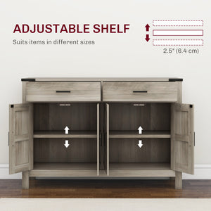 Farmhouse accent cabinet with 2 drawers and shelves, grey