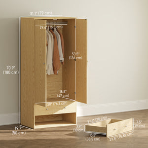 Modern wardrobe with 2 drawers and hanging rod, natural wood