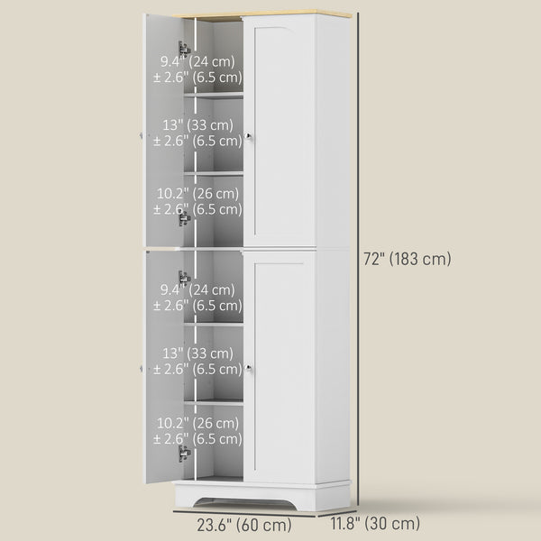 183 cm high storage cabinet with adjustable shelves, 4 doors, white