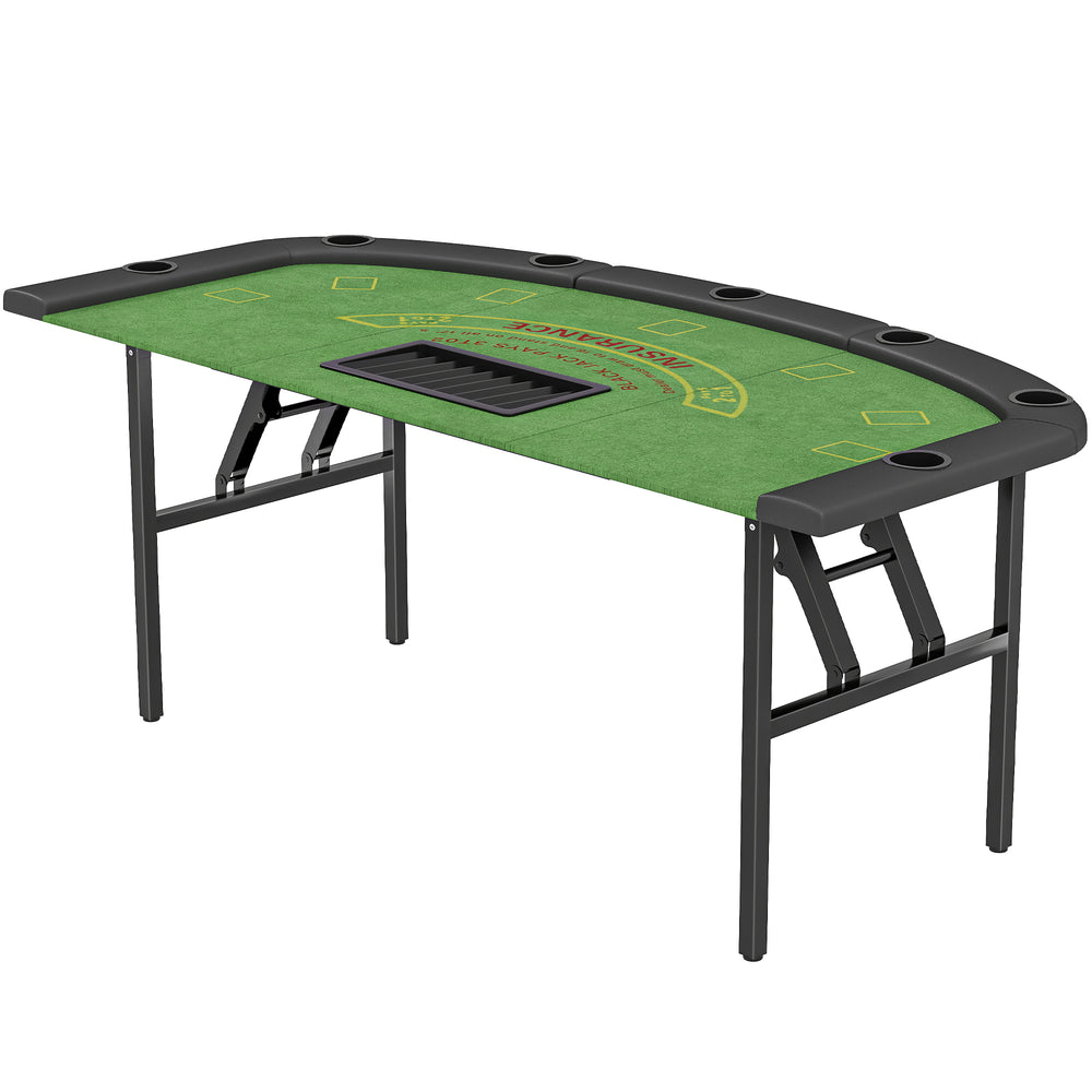 Folding poker table for 8 players, ideal for blackjack, Texas Hold'em and casino leisure, with 7 cup holders, green.