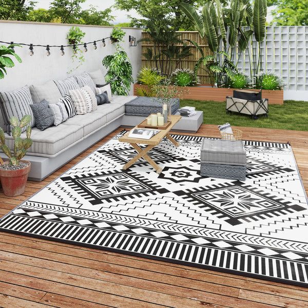9' x 12' Outdoor RV Mat, Reversible Floor Mat with Carry Bag, Diamond Pattern, White and Black