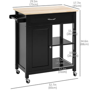 Rolling kitchen trolley with wooden top and drawer, black