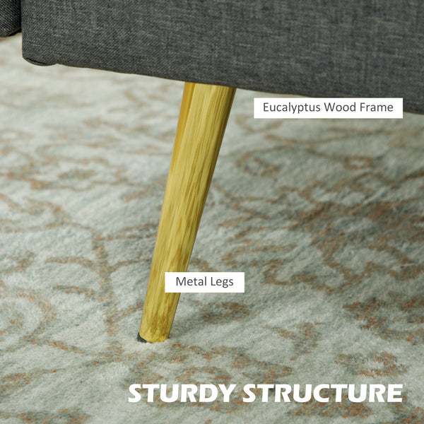 2 seater upholstered sofa with back cushions and pillows, dark grey