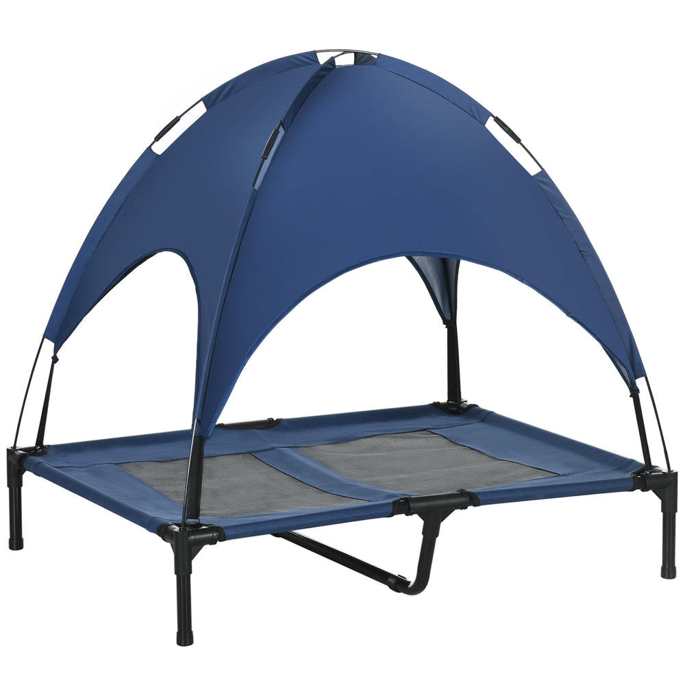 Elevated dog bed with canopy, dark blue