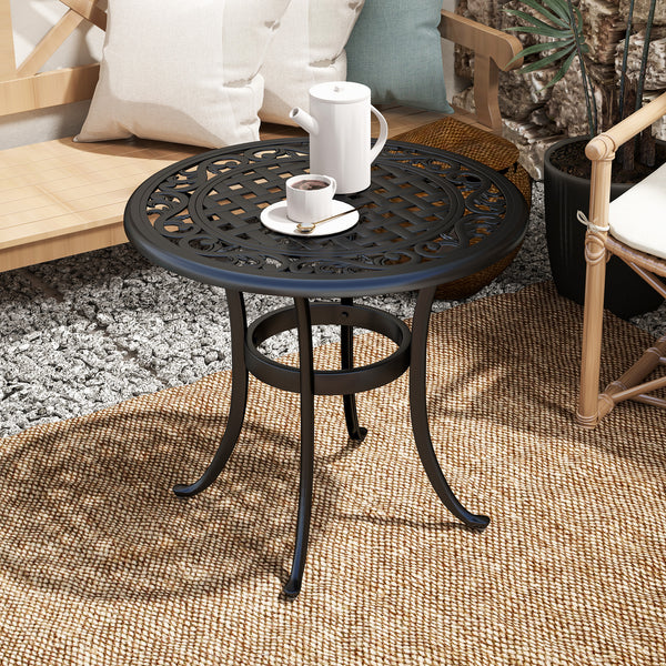 Ф23.6" Round Outdoor Side Table, Cast Aluminum Frame Patio Coffee Side Desk for Patio, Garden, Balcony, Black