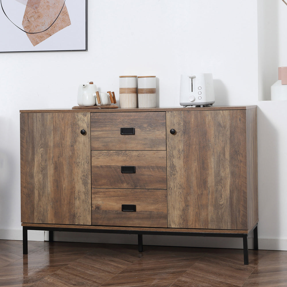 Industrial sideboard with 2 doors, 3 drawers, and shelves, brown.