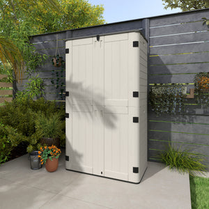 Outdoor storage cabinet with hinged lid and lockable doors