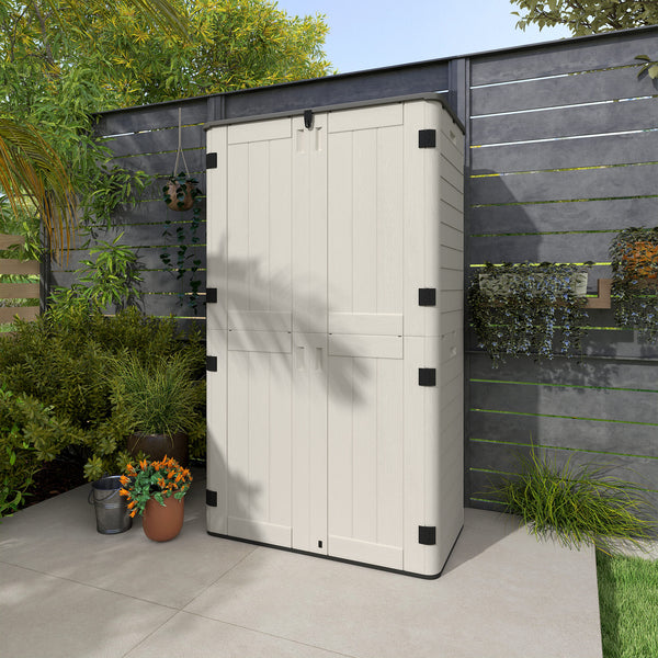 Outdoor storage cabinet with hinged lid and lockable doors