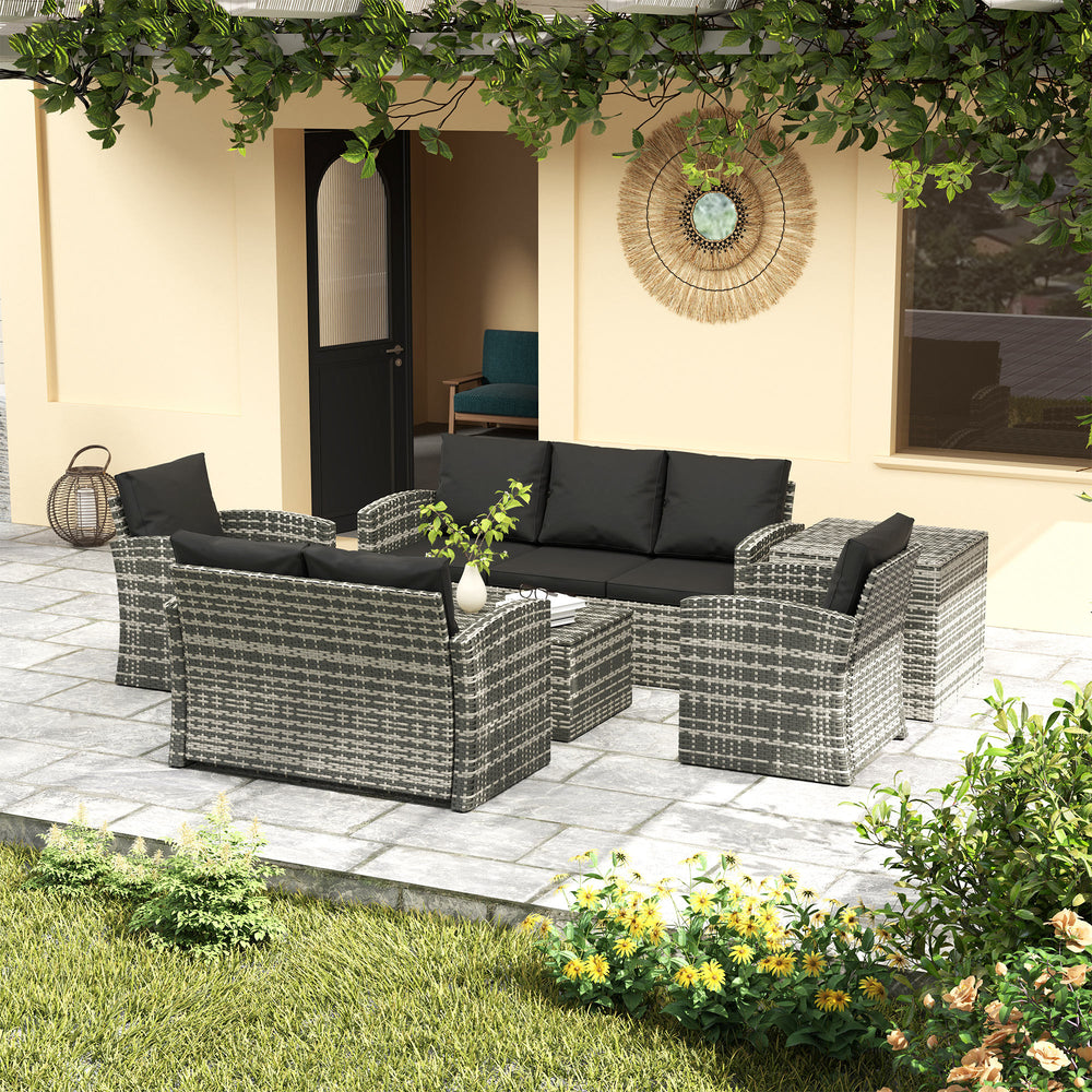 Ensemble de jardin Outsunny 6 pièces en osier noir avec canapé modulaire 7 places, coussins épais, espaces de rangement, table basse et table d’appoint assorties, idéal pour terrasse spacieuse