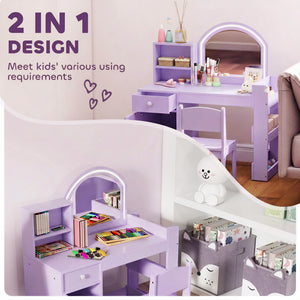 Children's vanity with dual-tone LED mirror, storage, and chair, mauve
