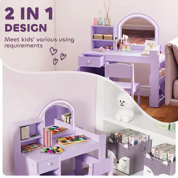 Children's vanity with dual-tone LED mirror, storage, and chair, mauve