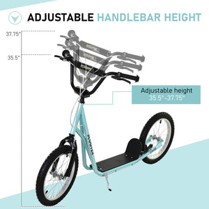 Scooter with 16-inch inflatable wheels and double brakes, pale blue