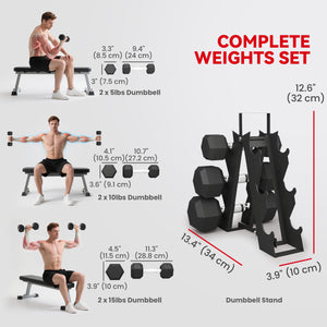 60 lb Hex Dumbbell Set with Rack, Non-Slip Handles