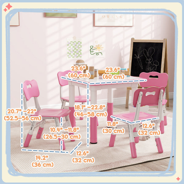 5-Piece Height Adjustable Toddler Table and Chair Set, Pink