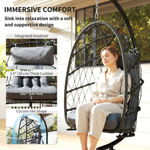 Egg hanging chair with stand, foldable braided rattan swing with thick cushion and safety rope, grey