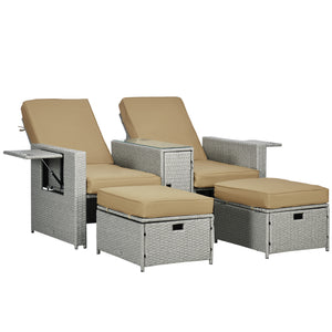 5PC Wicker Patio Lounger, Outdoor PE Rattan 5-level Adjustable Recliner Sofa Bed with Storage Side Table and Footstools, for Patio, Garden, Poolside, Khaki