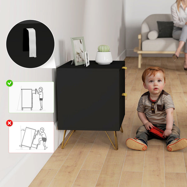 Modern bedside table with 2 drawers for bedroom, black