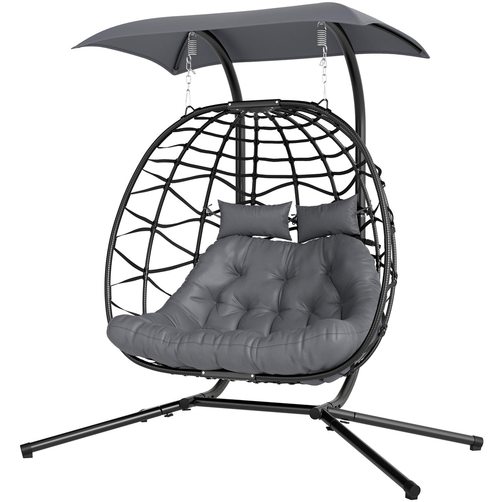 Double wicker swing chair with canopy, foldable and hanging, with headrest and cushion, gray