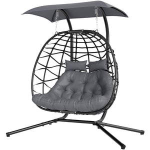 Double wicker swing chair with canopy, foldable and hanging, with headrest and cushion, gray