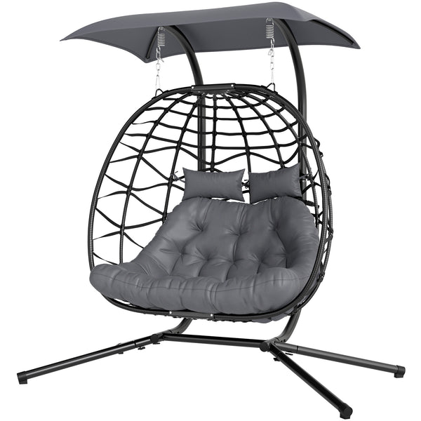 Double wicker swing chair with canopy, foldable and hanging, with headrest and cushion, gray