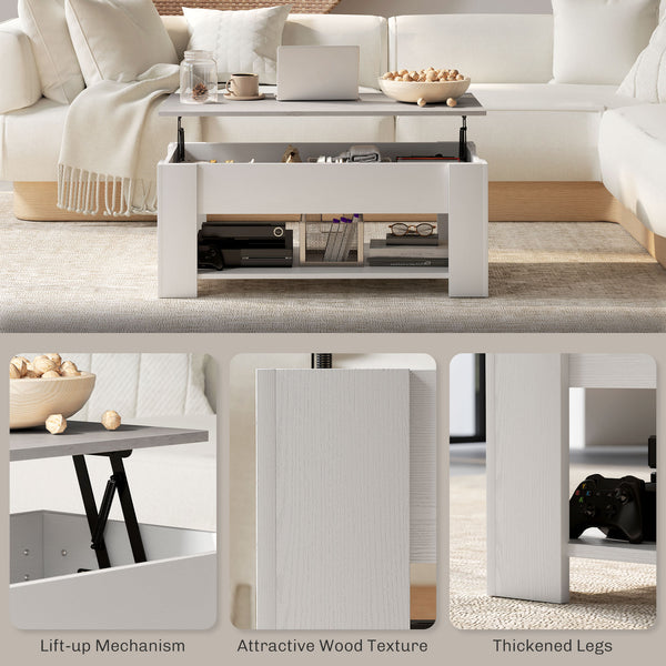 Lift-top coffee table with hidden compartment and open shelf, white
