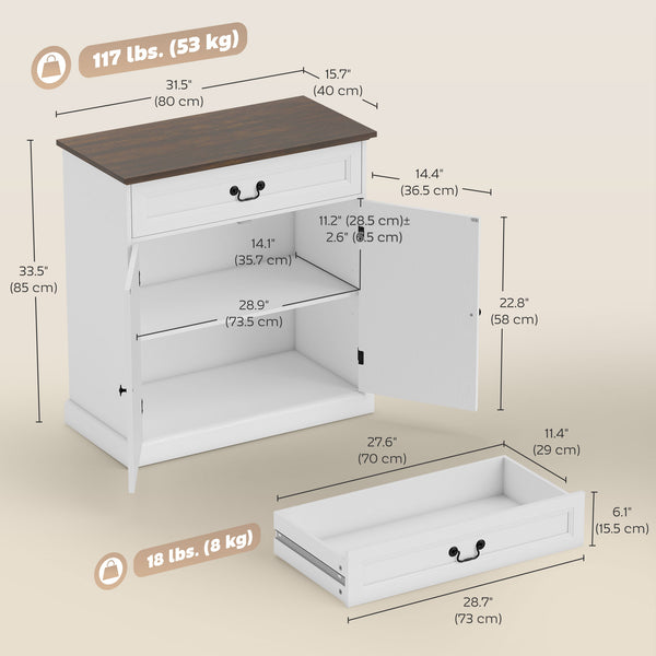 Farmhouse style buffet, thick top, soft-close drawer and adjustable shelf, white wood finish.