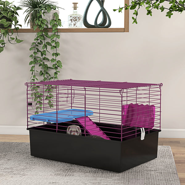 Small animal cage with water bottle, food bowl, platform, and ramp, black