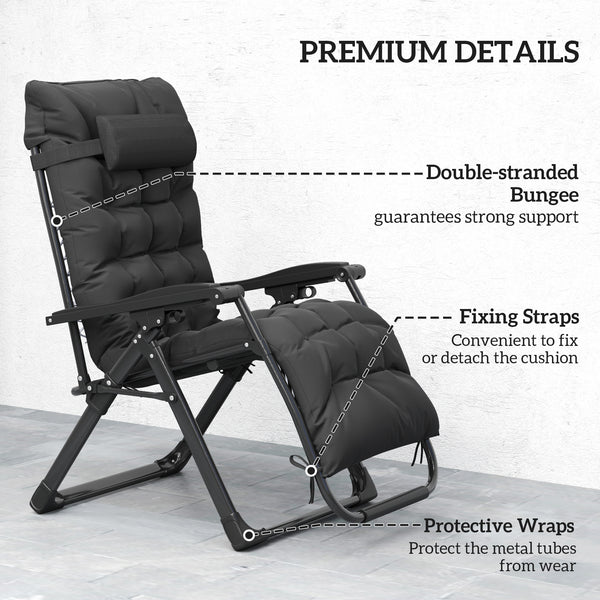 Set of 2 Folding Garden Chairs, Zero Gravity Reclining with Cushion and Headrest, Black