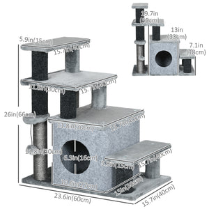 Cat stairs with scratching posts and ball toy, grey