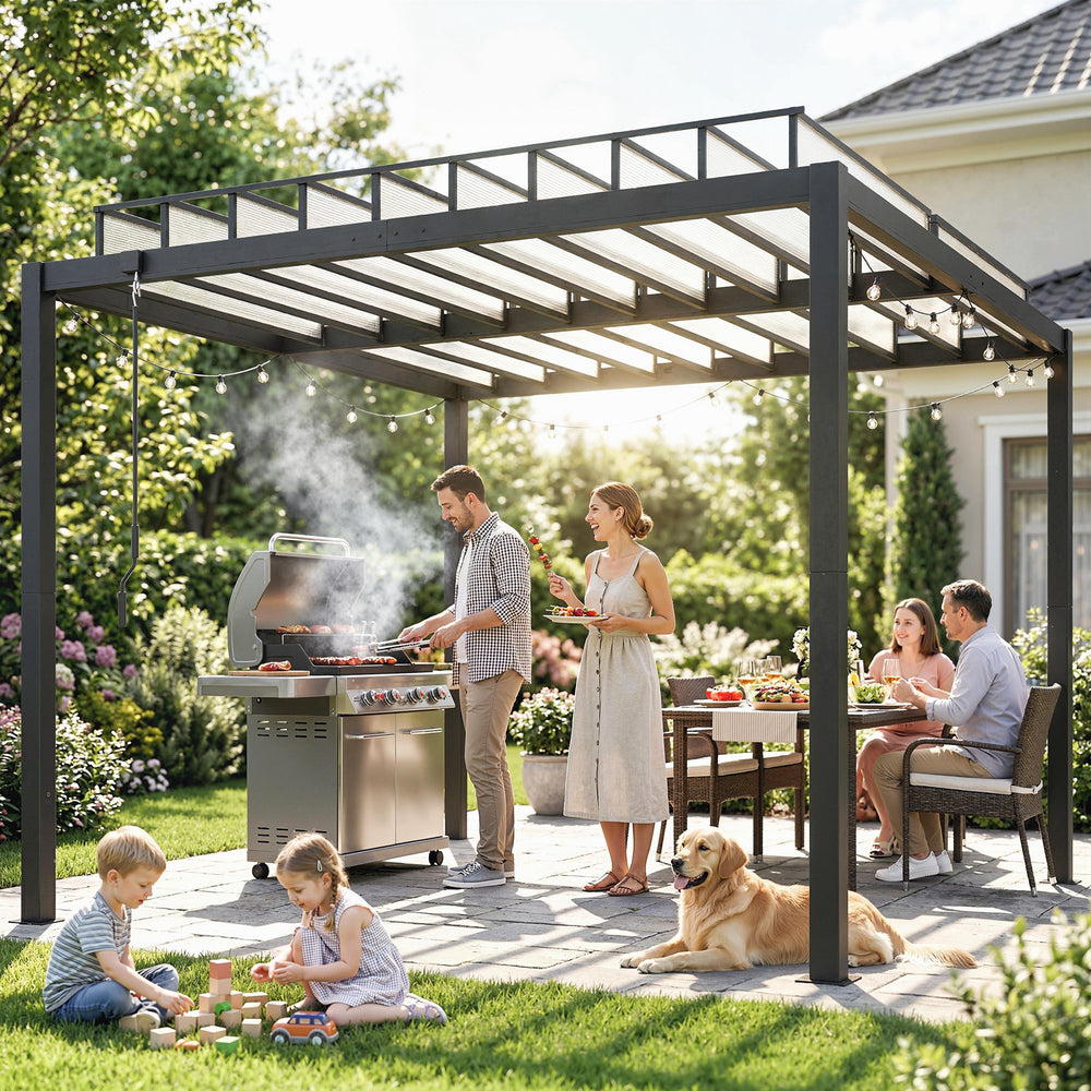 9.5 x 10 ft adjustable louvered pergola with polycarbonate roof, drainage gutters, handle, clear