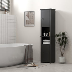 Freestanding bathroom storage unit with shelves and 2 cupboards, black