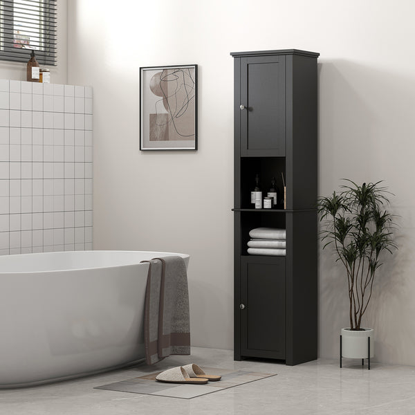 Freestanding bathroom storage unit with shelves and 2 cupboards, black