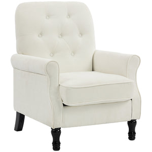 Mid-century modern accent chair with thick padded seat, spring cushion, solid wood legs, cream white