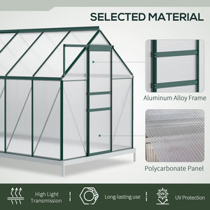 Green polycarbonate greenhouse with adjustable ventilated roof, galvanized base, sliding door and gutter