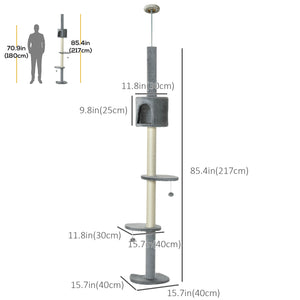 PawHut 4-Level Cat Tree, Ceiling Height, High Tower with Scratching Post, Soft Padding, Play Ball, Indoor Cat House, Light Grey