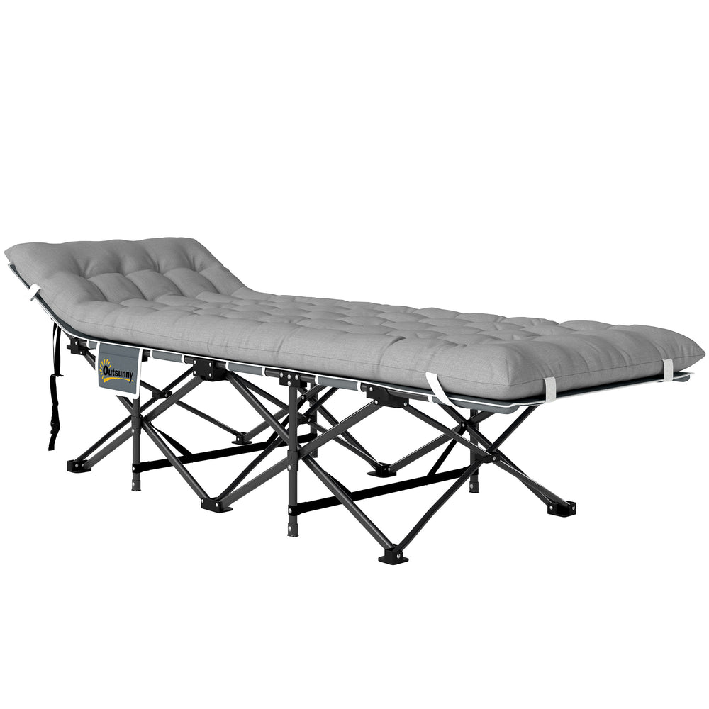 Lit de camp pliant pour adulte en gris clair avec matelas confortable, sac de transport et poche latérale de rangement, idéal pour le camping ou les voyages

