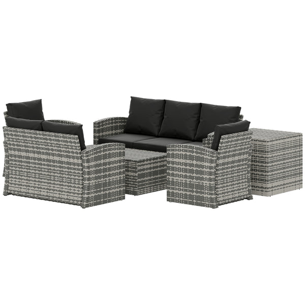 6 Piece Wicker Garden Furniture Set with Cushions, Coffee Table and Side Table, Black